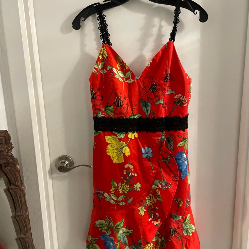 Alice + Olivia size 2 Kirby Lace Strap Floral Print Ruffle Mini Dress in Red